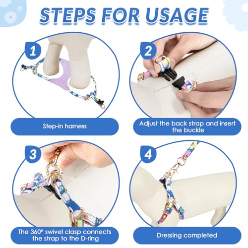 Lukovee No Pull Puppy Harness and Leash Set - Adjustable Lightweight Soft Suede Pet Harness Vest, with Snap Buckle & 51in Leash for Small Medium Dogs (Blue Flower, XXS) - color: ·Blue Flower, size: XX-Small ( 2.2-6lb )