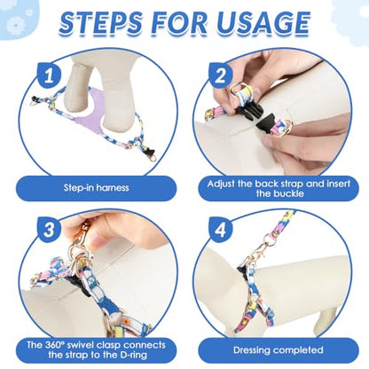 Lukovee No Pull Puppy Harness and Leash Set - Adjustable Lightweight Soft Suede Pet Harness Vest, with Snap Buckle & 51in Leash for Small Medium Dogs (Blue Flower, XXS) - color: ·Blue Flower, size: XX-Small ( 2.2-6lb )
