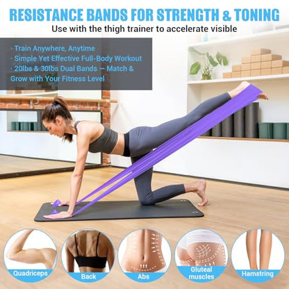 Inner Thigh Exerciser for Women, Adjustable Resistance Thigh Trainer with Resistance Band(2PC), Thigh Workout Kegel Equipment for Pelvic Floor Muscle, Elastic Workout Bands with Manual