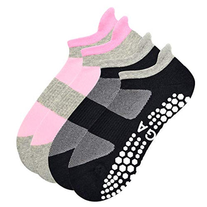 Busy Socks 2 Pack Women Ankle Non Slip Yoga Pilates Grip Socks with Cushion - color: 2 Pairs Black/Pink