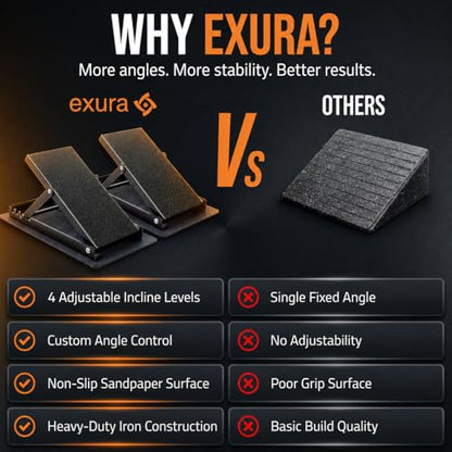 EXURA Slant Board for Calf Stretching & Plantar Fasciitis Relief, Adjustable Wide Metal Squat Wedge, Calf Stretcher for ATG Training, Knees Over Toes & Physical Therapy