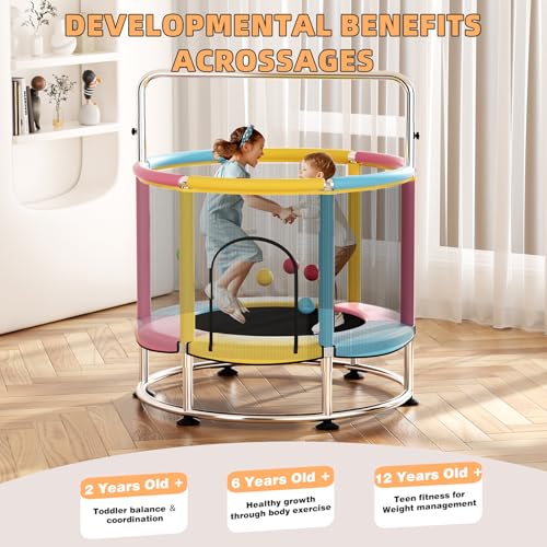 55" Trampoline for Kids,Up to 440 Ibs Mini Trampoline with Anti-Rollover Round Bottom,Indoor & Outdoor Toddler Trampoline with Safety Enclosure,Adjustable Gymnastics Bars,Basketball Hoop