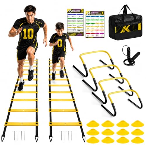 2 Pack Agility Ladder, Soccer Speed Training Equipment Set with Total 26 ft Agility Ladder, 12 Cones, 4 Adjustable Hurdles, Jump Rope, for Soccer, Basketball, Football, Kids, Youth, Adults - color: 1.Yellow