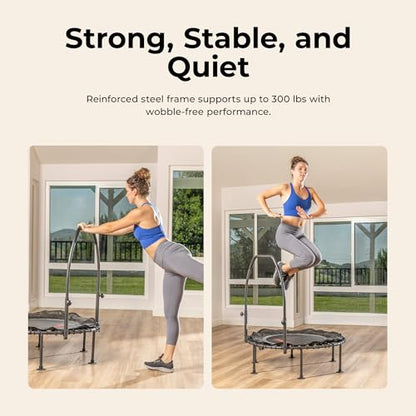 Sunny Health & Fitness 36”/40”/48” Bungee Exercise Trampoline for Adults with Adjustable Foam U-Shaped Handlebar – Home Indoor Cardio, Silent & Low Impact Bounce