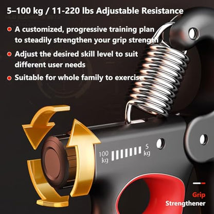 Grip Strength Trainer Forearm Strengthener, 11-221 lbs Adjustable Resistance, Automatic Counting, Ergonomic Design, Ideal Device for Grip Strengthening, Arthritis Relief, Hand Physical Therapy & Rehab