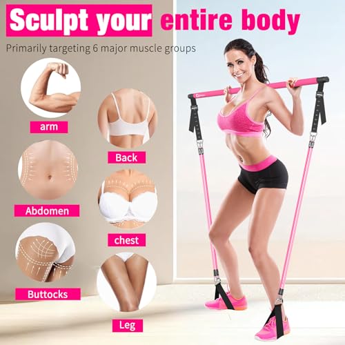 Pilates Bar Kit with Resistance Bands,Pilates Bar with Stackable Bands Workout Equipment for Legs,Hip,Waist and Arm,Exercise Fitness Equipment for Women & Men Home Gym Yoga Pilates - color: Pink
