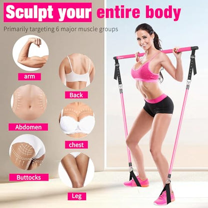 Pilates Bar Kit with Resistance Bands,Pilates Bar with Stackable Bands Workout Equipment for Legs,Hip,Waist and Arm,Exercise Fitness Equipment for Women & Men Home Gym Yoga Pilates - color: Pink