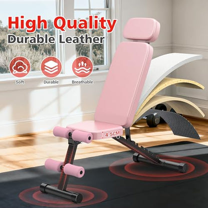 XDDIAS Workout Bench, 10 Backrests Adjustable Weight Bench with Extended Headrest, 800LBS Foldable Weight Bench for Home Gym, Incline Decline Flat Bench Compact for Small Space Training - color: Pink