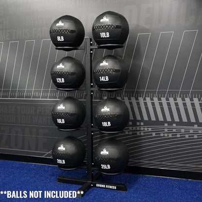 Gronk Fitness Wall Ball Rack | Heavy Duty Steel Vertical Ball Storage Rack | Holds 8 Wall Balls, Slam Balls & Soft Medicine Balls | Compact Gym Ball Holder Stand