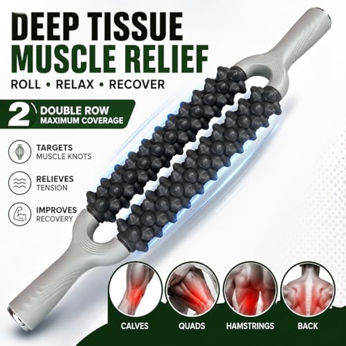 Muscle Roller Stick, Double Row Deep Tissue Massage Stick for Muscle Recovery, Portable Massage Roller for Legs, Calves & Back, Trigger Point Therapy for Athletes & Runners