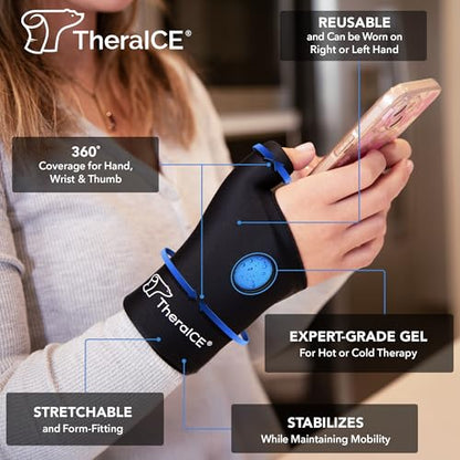 TheraICE Wrist Ice Pack Wrap Thumb Brace for Either Hand for Hot & Cold Therapy - Reusable Soft Gel Glove for Injuries, Carpal Tunnel, Arthritis, De Quervain's Tenosynovitis - Fits Most Men - L/XL