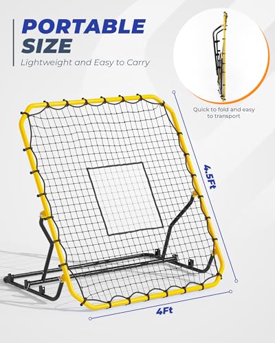 Baseball Rebounder Net, 4x4.5FT Baseball Softball Volleyball Bounce Back Net with 3 Adjustable Angles, Pitchback Trainer Enhances Fielding, Catching, Throwing, Pitching, Solo Practice
