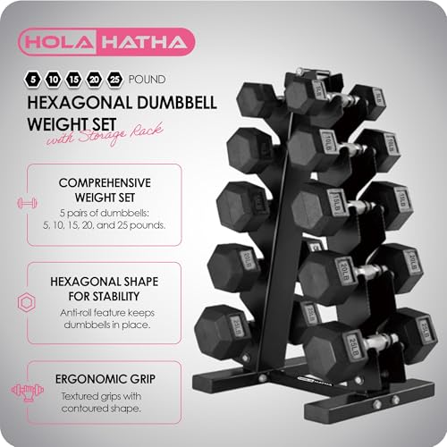 HolaHatha Hexagonal Dumbbell Free Hand Weight Set w/Rack - color: Black, style: 150lb Set