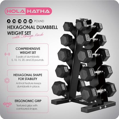 HolaHatha Hexagonal Dumbbell Free Hand Weight Set w/Rack - color: Black, style: 150lb Set