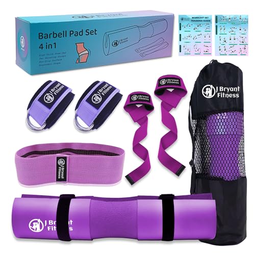 J Bryant Barbell Pad Set with 2 Ankle Straps for Cable Machines Hip Resistance Band Weight Lifting Straps Thick Cushion Hip-Thrusts Pad with Carry Bag for Squats Bench Press Workout - color: purple set
