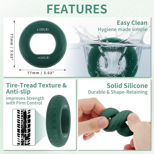Hand Grip Strengthener, Fingers Exerciser - Silicone Rings for Muscle Training Sports Rock Climbing Finger Rehabilitation,6 Resistance Levels - color: Green(50/60LB)with Box