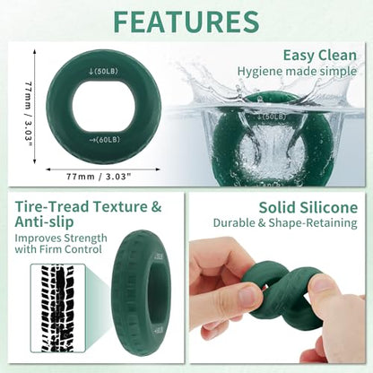 Hand Grip Strengthener, Fingers Exerciser - Silicone Rings for Muscle Training Sports Rock Climbing Finger Rehabilitation,6 Resistance Levels - color: Green(50/60LB)with Box