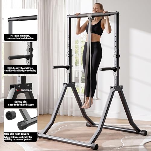 Foldable Power Tower Dip Station for Pull Ups, 66.1"-84.6" 12 Level 700 LBS, Adjustable Dip Handles & Assistance Bands Foldable Home Gym Equipment - color: 66"-85" with Dual Dip Handles & Assistance Bands