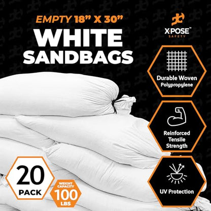 Xpose Safety Heavy Duty Sand Bags with Tie Strings – Empty Woven Polypropylene Sandbags for Hurricane Flood Protection, 100 lb Capacity, 18" x 30", White, Pack of 20 - size: 20 Sandbags