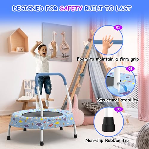 Trampoline w/Handle, Indoor Mini Trampoline with Bungee Cord No-Gap Jump Mat, Exercise Rebounder with Non Slip Feet for Boys & Girls Age 1-4, Safe Indoor Play Trampoline for Balance Fitness Training