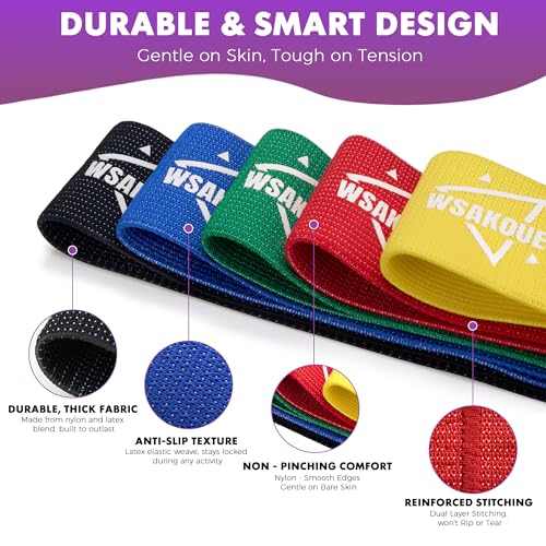 WSAKOUE Fabric Resistance Bands for Working Out – 5 Booty Bands for Women & Men, Exercise Workout Bands for Legs, HIPS & Glutes – Ideal for Home Fitness, Yoga, Pilates & Rehab