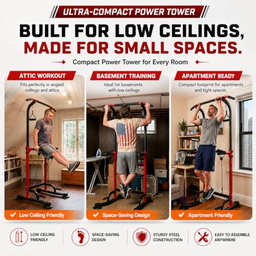 Power Tower Pull Up Bar,Pull-Up Rack Dip Station,Height Adjustable Multi-functional Home Strength Training Gym Equipment, Save Space,People Below 6 feet - color: Red