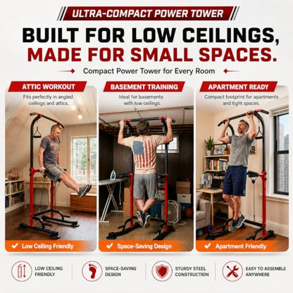 Power Tower Pull Up Bar,Pull-Up Rack Dip Station,Height Adjustable Multi-functional Home Strength Training Gym Equipment, Save Space,People Below 6 feet - color: Red
