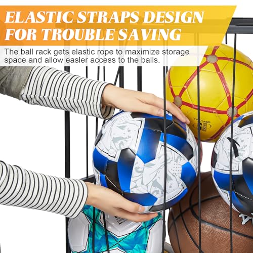 Garage Ball Storage With Baseball & Badminton Holder: Floor Sports Equipment Organizer, Sports Ball Rack With Elastic Rope, Ball Holder for Basketball, Soccer, Volleyball, Football, Garage, Gym, Black - size: Small, style: With Wheels And Bat Holder,Recta