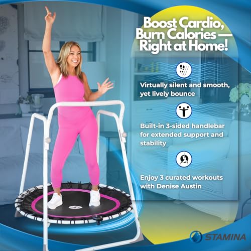 Denise Austin 44 in Fitness Trampoline with Handlebar, for Cardio Fitness | Rehab & Home Workouts for Seniors & Beginners; Balance; 44” Rebounder with Handlebar for Adults