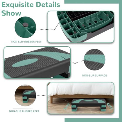 Fitvids Step Aerobic Platform, Exercise Step with levels Adjustable Height, Stackable Risers, Fitness Training Workout Stepper for Home Gym, Cardio Strength - color: Green Jasper