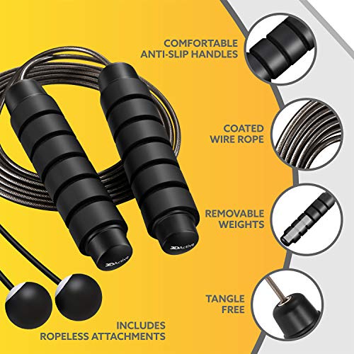 3DActive Jump Rope, Tangle-Free Adjustable Skipping Rope with Ball Bearings. Perfect for Home Workouts, Cardio Exercise & Burning Calories. Cordless Jump Rope, Handle Weights & Carry Bag Included - Black