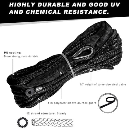 1/4 in x 50 ft Synthetic Winch Rope, 7700 LBS Breaking Strength Winch Line with Protective Sleeve, Heavy Duty Recovery Tow Rope for ATV UTV SUV Truck 4WD Off Road Vehicle - color: 1/4 in x 50 ft