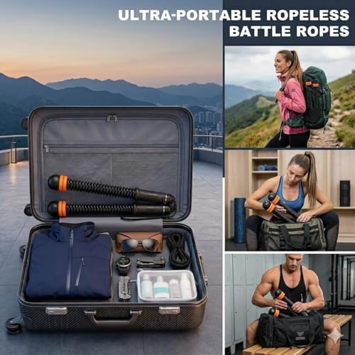 Cordless Weighted Battle Ropes, Adjustable Portable Ropeless Exercise Ropes with Storage Bag, Low-Impact Fitness Equipment for Strength Training & HIIT, Home Gym Use, for Men & Women, Black