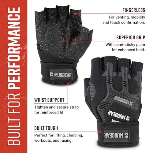 Gloves - Durable Fingerless Workout Gloves with Wrist Support for Obstacle Races and Fitness Training, Improves Grip, Protects Hands, Boosts Performance