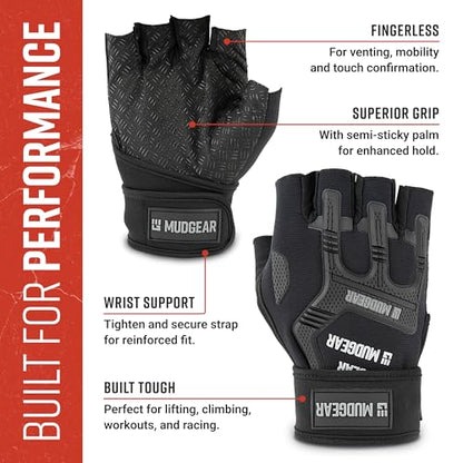 Gloves - Durable Fingerless Workout Gloves with Wrist Support for Obstacle Races and Fitness Training, Improves Grip, Protects Hands, Boosts Performance
