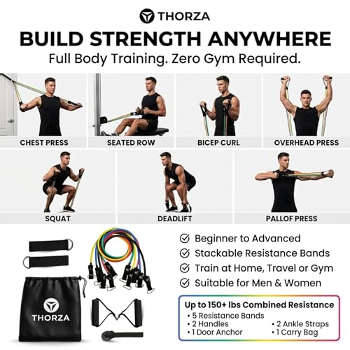 11-Piece Full Body Strength Training with Resistance Bands Set - 5 Levels Tube Exercise Bands, Without Latex TPE Resistance Band - Door Anchor, Handles, Ankle Straps & 1 Bag