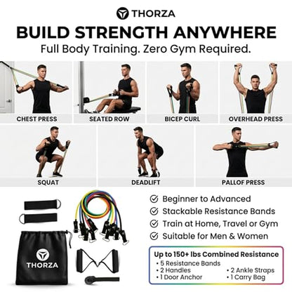 11-Piece Full Body Strength Training with Resistance Bands Set - 5 Levels Tube Exercise Bands, Without Latex TPE Resistance Band - Door Anchor, Handles, Ankle Straps & 1 Bag