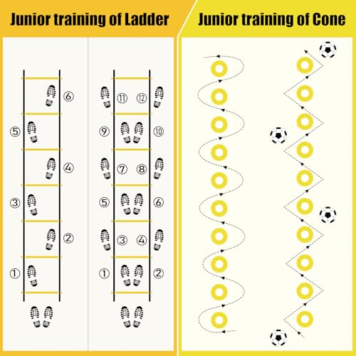 2 Pack Agility Ladder, Soccer Speed Training Equipment Set with Total 26 ft Agility Ladder, 12 Cones, 4 Adjustable Hurdles, Jump Rope, for Soccer, Basketball, Football, Kids, Youth, Adults - color: 1.Yellow