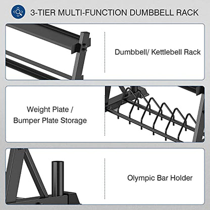 ULTRA FUEGO Dumbbell Rack 3-Tier Weight Plate Rack Storage Stand for Dumbbell/Kettlebell/Weight Plate and Curl Bar