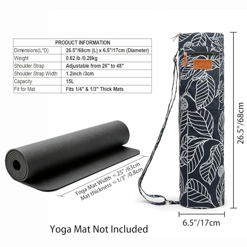 Canvas Yoga Mat Bag with Adjustable Strap & Pockets, Full-Zip Travel Gym Tote for Women & Men, Fits 1/4" & 1/3" Thick Mats, Lightweight Carrier for Yoga, Studio, Workout, Outdoor Use