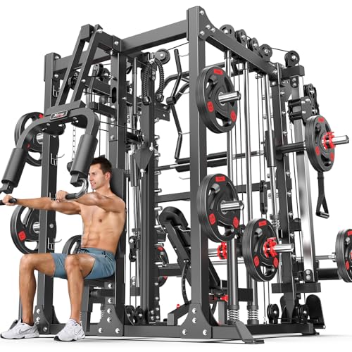 XGSW Smith Machine Home Gym, Multi-Function Power Cage with Dual Pulley Cable Crossover System,Squat Rack for Full-Body Workouts - color: L07, size: Black---Smith Machine+bench+(pole+Cast lron)184LBS