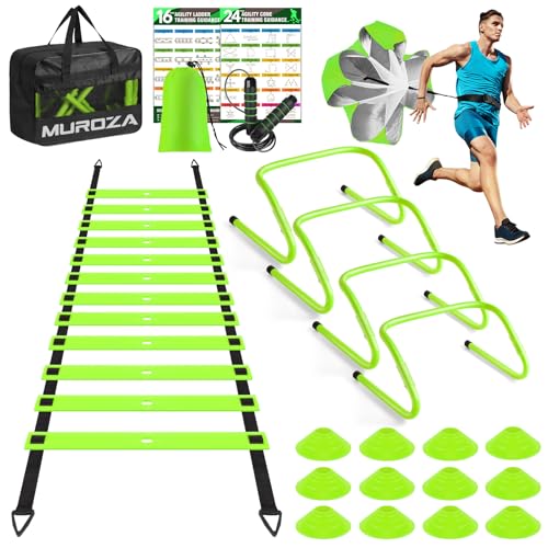 Agility Ladder, Agility Speed Training Equipment Set, 20ft Speed Ladder, 12 Soccer Cones, 4 Hurdles, Jump Rope, Running Parachute, Soccer Football Basketball Training Equipment Accessories - color: Green