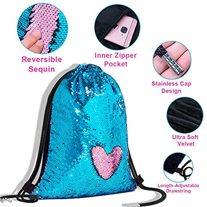 GA&EN Mermaid Reversible Sequin Drawstring Backpack, Blue/Pink Dance Bag for Girls Kids with Headband Keychain Bracelet for Christmas Gift Princess Dress Up Clothes Costume Party Birthday - color: 2-blue/Pink