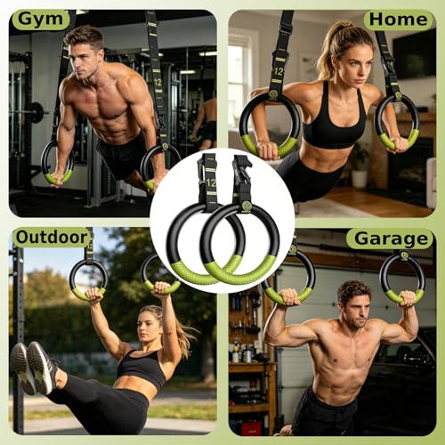 QUOLIX Gymnastic Rings with Adjustable Straps, Non-Slip Pull Up Rings with Straps, 1300lbs Exercise Rings with Straps for Home, Gymnastics Rings for Home Gym, Workout, Exercise, Training, Calisthenic