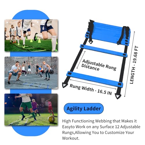 Soccer Agility Training Equipment Set, 12 Rung 20Ft Agility Ladder, 12 Disc Cones, 4 Steel Stakes, Solo Soccer Trainer, Jump Rope - Speed Training Equipment for Soccer Football Basketball
