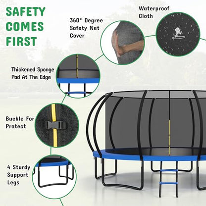 8FT 10FT 12FT 14FT 16FT Outdoor Trampoline with Safety Enclosure Net - color: Blue, size: 16 FT