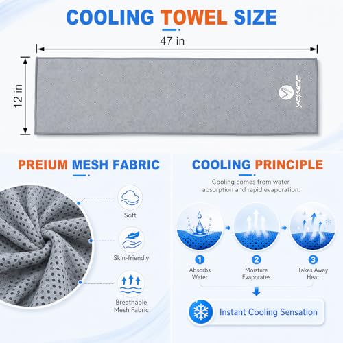 2 Pack Cooling Towels (47"x12"), Ice Cool Neck Towel, Soft Breathable Microfiber for Yoga, Golf, Gym, Running, Camping & Hot Weather - color: Light Blue/Light Gray