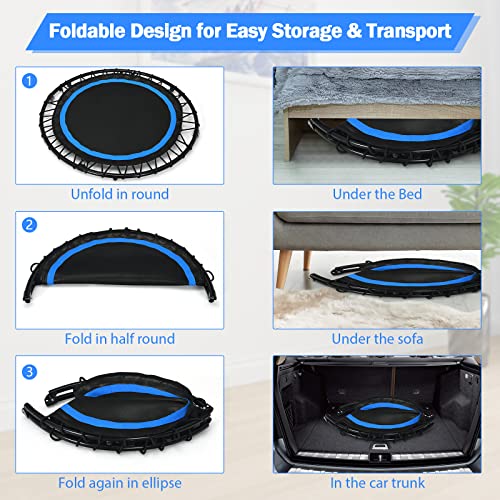 GYMAX Rebounder Trampoline for Adults, 40” Mini Exercise Trampoline with Height Adjustable Bar & Resistance Bands, 330LBS Foldable Workout Trampoline, Small Fitness Trampoline Indoor/Outdoor