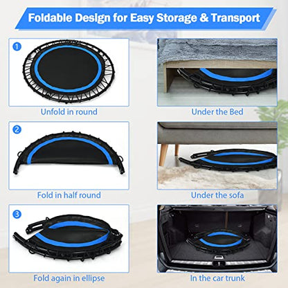 GYMAX Rebounder Trampoline for Adults, 40” Mini Exercise Trampoline with Height Adjustable Bar & Resistance Bands, 330LBS Foldable Workout Trampoline, Small Fitness Trampoline Indoor/Outdoor