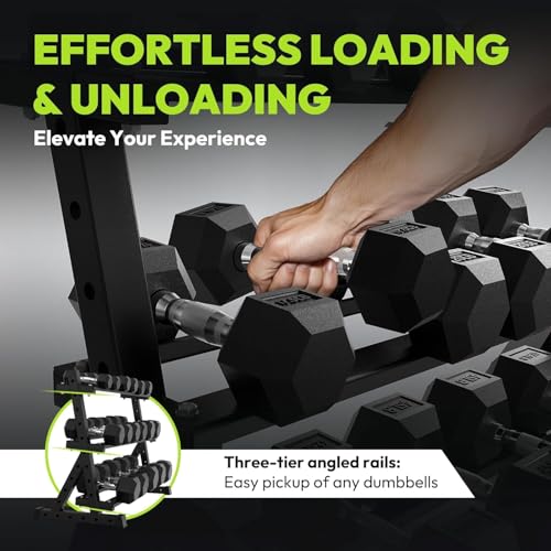 HANDBODE Hex Dumbbell Set with Rack, 300-840 lb Rubber Coated Fixed Weights Sets with Heavy Duty Storage Stand, Hexagon Shape, Multiple Weight Options Home Gym Equipment for Strength Training - style: 540 lb Set (10-50 lb) with Rack